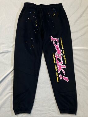 Black sp5der sweatpants with pink and yellow details #loungewear #sweatpants